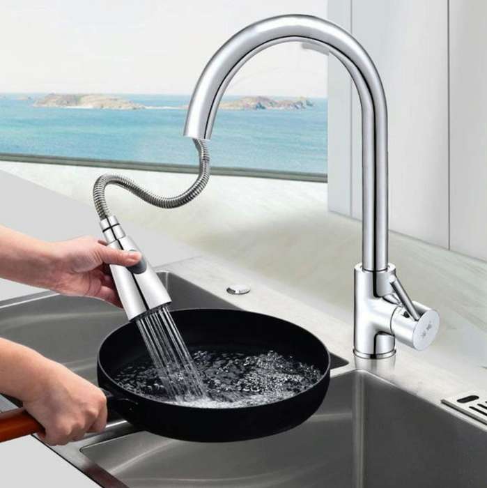 Kitchen Pull-out Faucet Hot And Cold Home 304 Stainless Steel Retractable Rotating Faucet, Style:...
