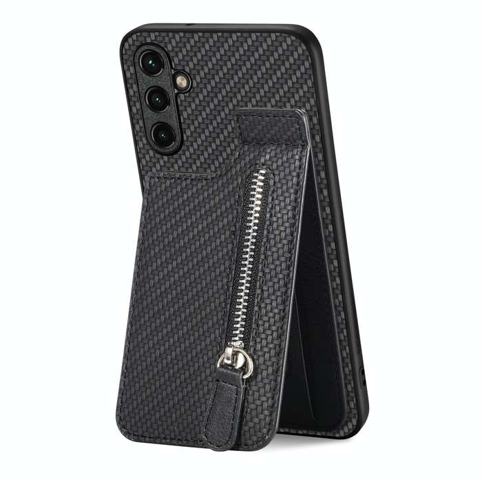 For Samsung Galaxy A14 5G Carbon Fiber Vertical Flip Zipper Wallet Phone Case(Black)