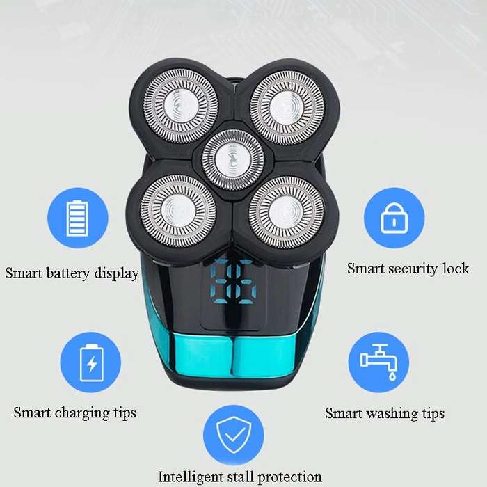 Electric Shaver Rechargeable Razor Intelligent Digital Display Bald Hair Clipper,Style: Blue