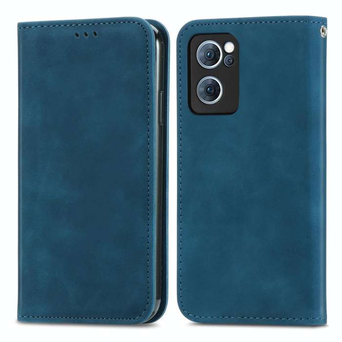 For OPPO Reno7 5G Retro Skin Feel Magnetic Flip Leather Case(Blue)