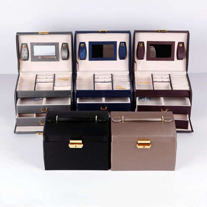 PU Leather Three-Layer Jewelry Box Necklace Storage Display Packaging Box With Handle( Dark Blue)