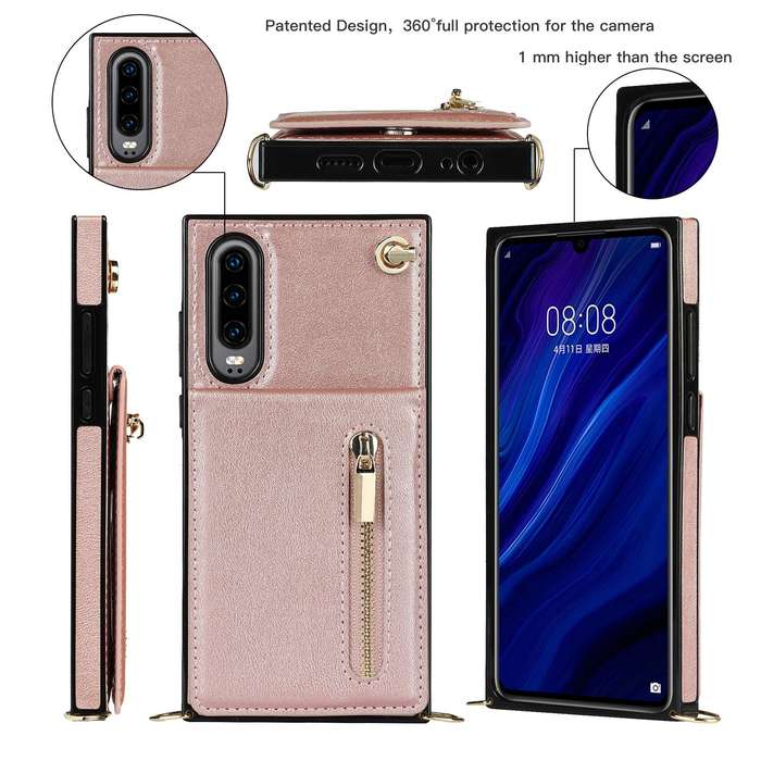 For Huawei P30 Cross-body Zipper Square TPU+PU Back Cover Case with Holder & Card Slots & Wallet ...