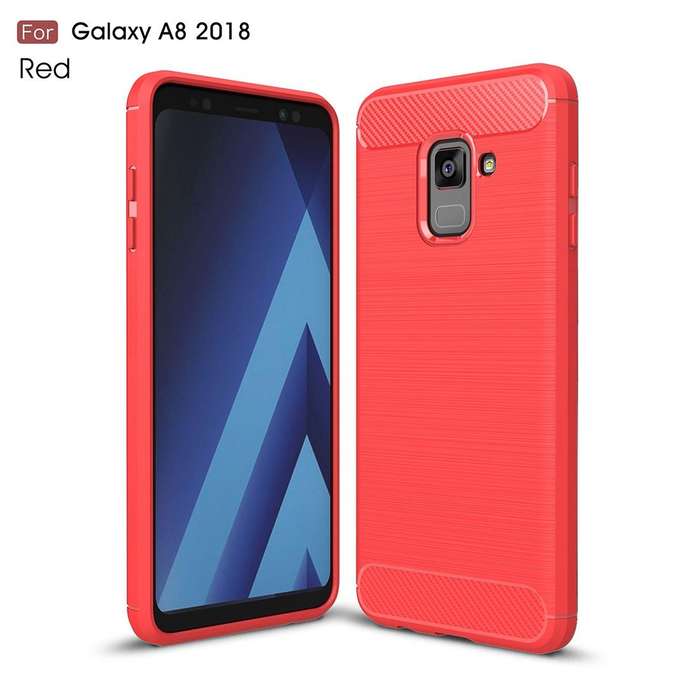 For Galaxy A8 (2018) Brushed Texture Carbon Fiber Shockproof TPU Protective Back Case (Red)