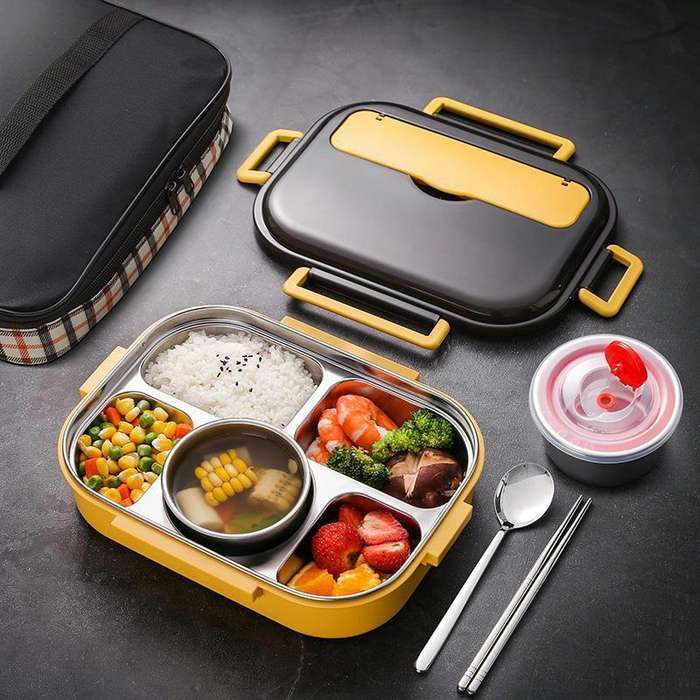 304 Stainless Steel Double-Layer Large-Capacity Portable Lunch Box, Color: Lemon Yellow(Medium 5 ...