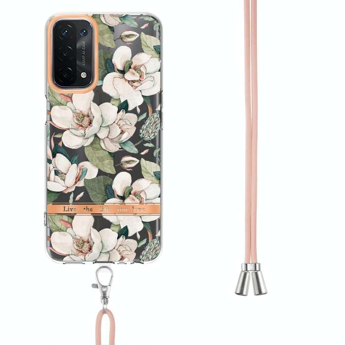 For OPPO A74 5G / A93 5G / A54 5G / A93S 5G Flowers Series TPU Phone Case with Lanyard(Green Gard...