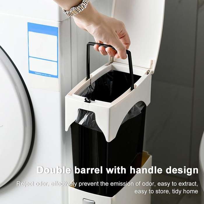 Bathroom Toilet Toilet Brush Integrated Pressing Open Lid Square Trash Can Set with Brush(Ivory W...