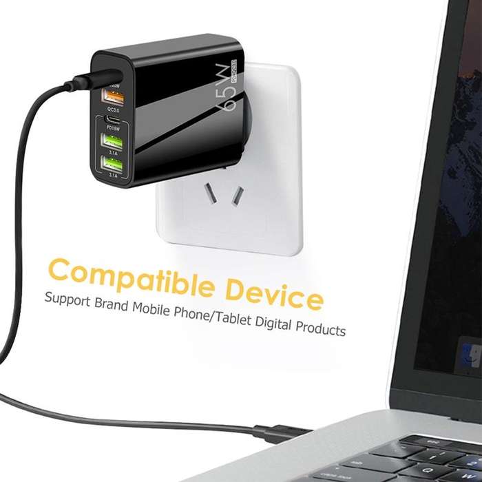 65W Dual PD Type-C + 3 x USB Multi Port Charger for Phone and Tablet PC, UK Plug(Black)