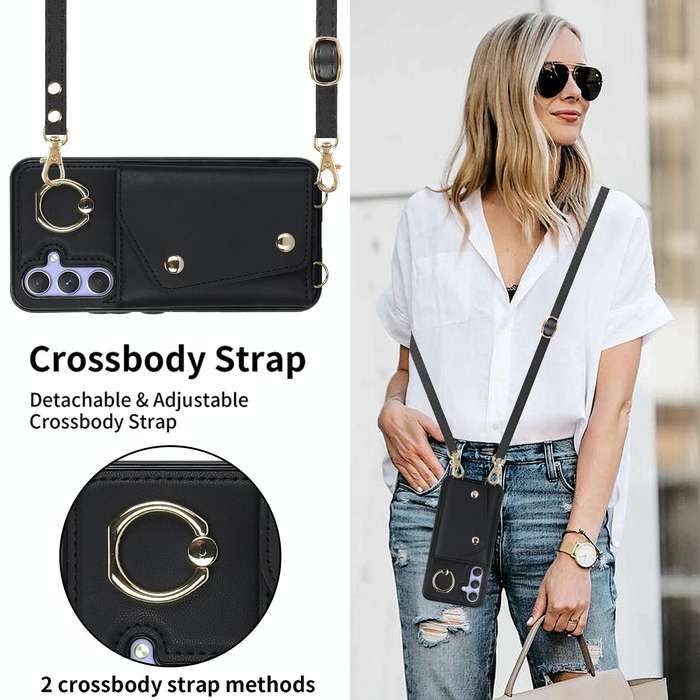 For Samsung Galaxy A54 5G Zipper Card Bag Phone Case with Dual Lanyard(Black)