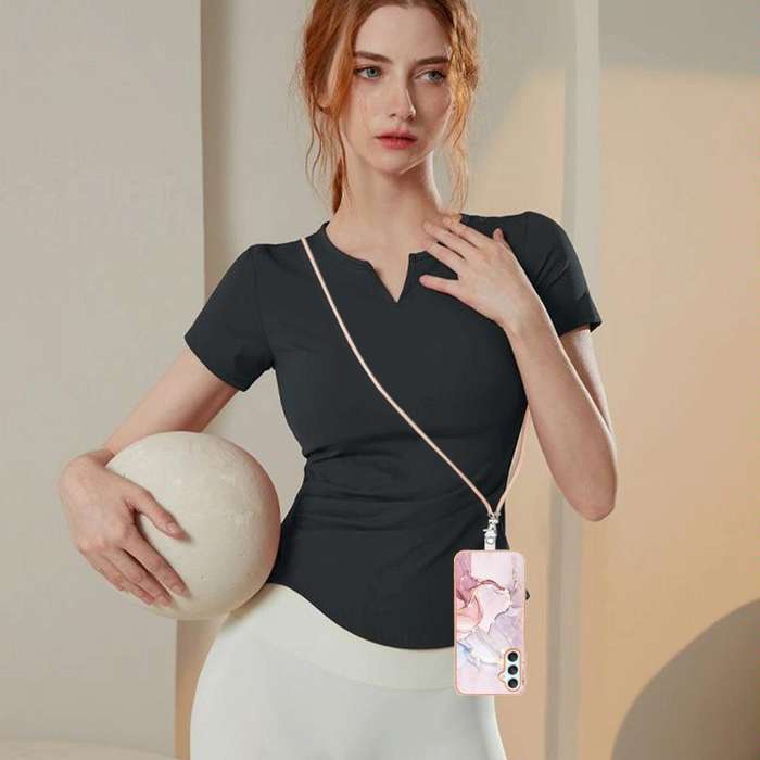 For Samsung Galaxy A24 4G Electroplating Marble Dual-side IMD Phone Case with Lanyard(Rose Gold 005)