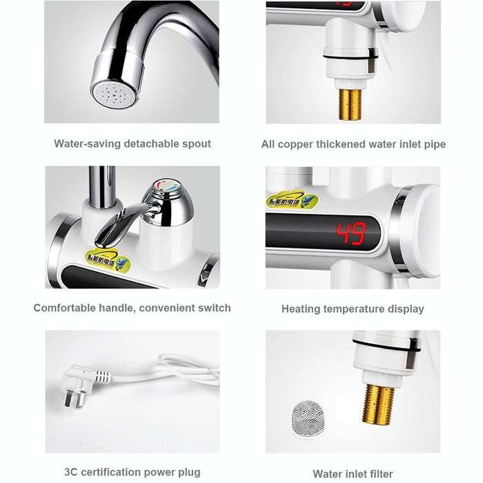 220V Kitchen Tankless Water Heater Instant Electric Faucet Electric Heater Tap with Temperature D...