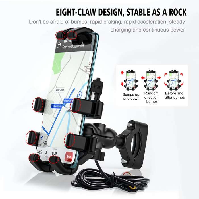 WUPP CS-1098A1 Motorcycle Aluminum Alloy Eight-jaw Mobile Phone Charging Holder with Switch(Black)