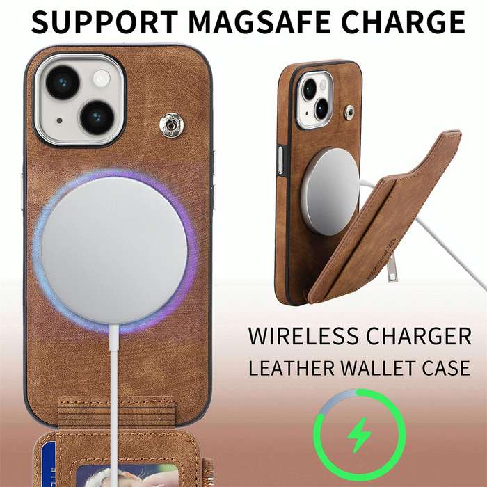 For iPhone 15 Magsafe Zipper RFID Wallet All-inclusive Shockrpoof Phone Case(Brown)