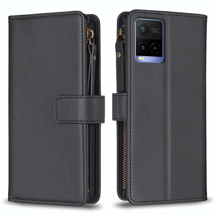 For vivo Y21 / Y21s / Y33s 9 Card Slots Zipper Wallet Leather Flip Phone Case(Black)