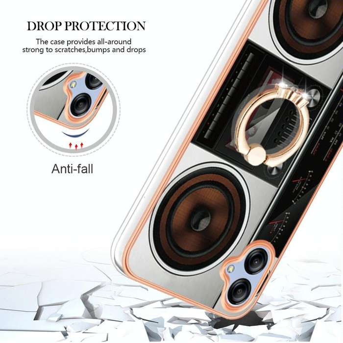 For Samsung Galaxy A04e Electroplating Dual-side IMD Phone Case with Ring Holder(Retro Radio)