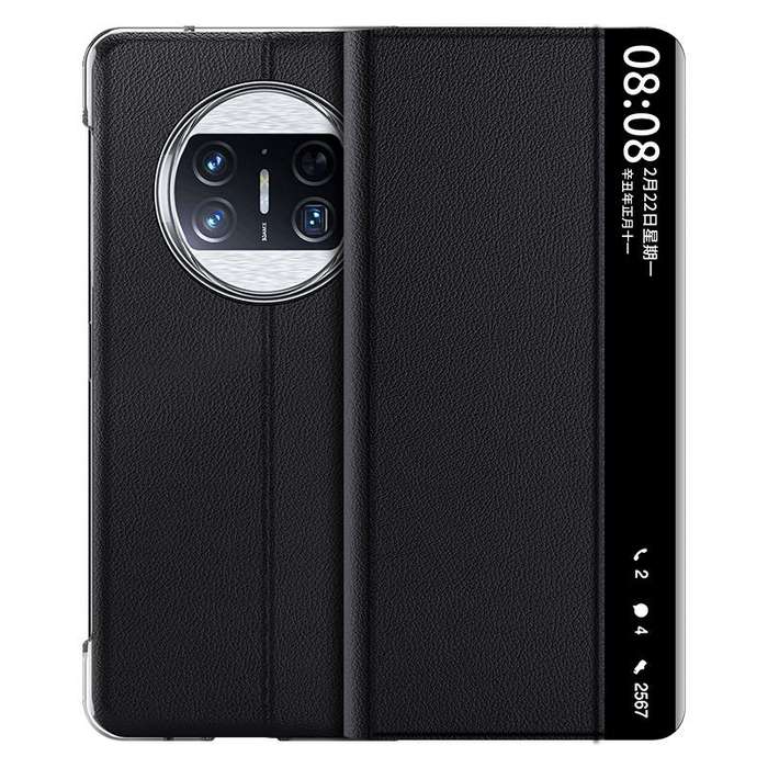 For Huawei Mate X3 Plain Magnetic Phone Case with Smart View Window & Holder(Black)