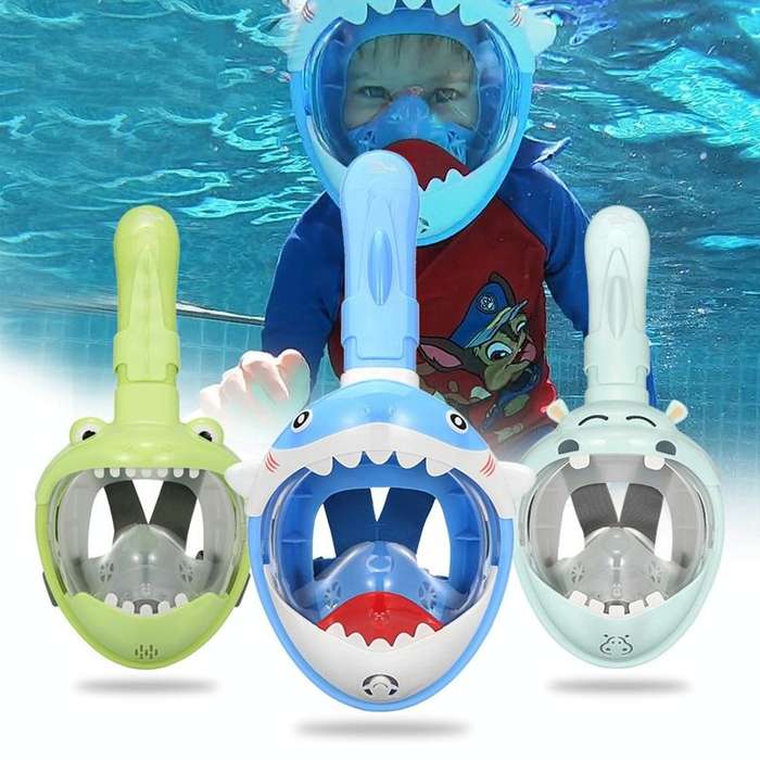 Cartoon Kids Full Dry Diving Mask Swimming Anti-Fog Snorkeling Mask, Size: XS(Shark Blue)