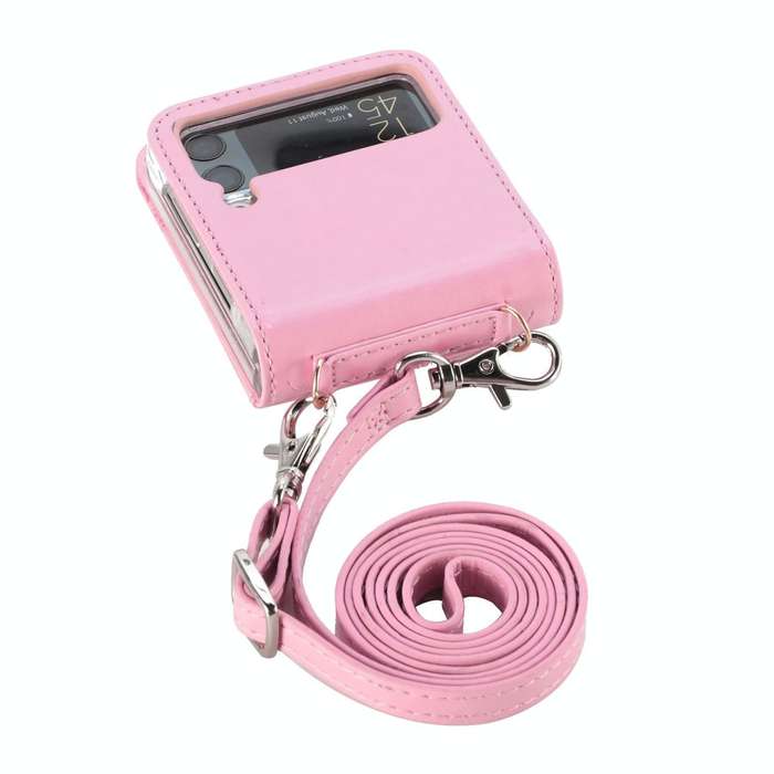 For Samsung Galaxy Z Flip4 5G Diagonal Lanyard Embossed Card Phone Case(Pink)