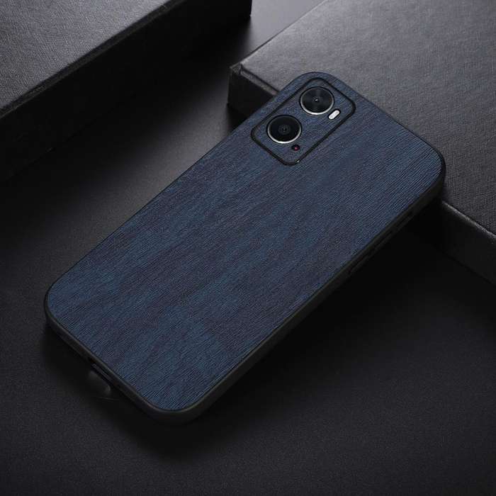 For OPPO A76 Wood Texture PU Phone Case(Blue)