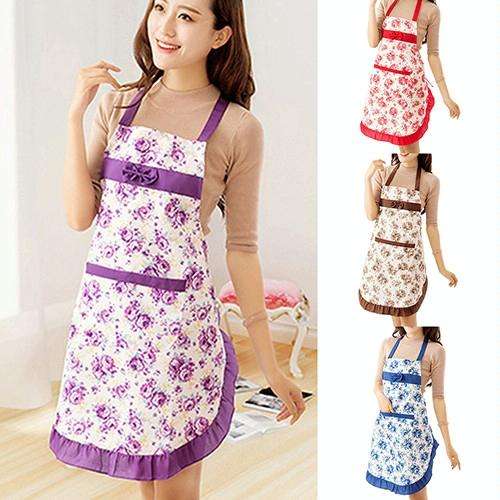 Household Rose Waterproof Kitchen Aprons Flower Cleaning Overalls(Brown)