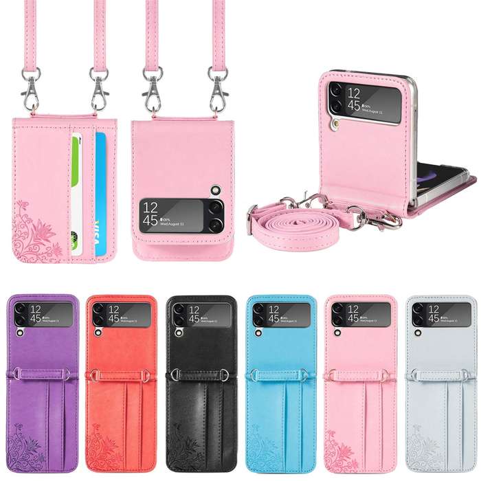 For Samsung Galaxy Z Flip 5G Diagonal Lanyard Embossed Card Phone Case(Purple)