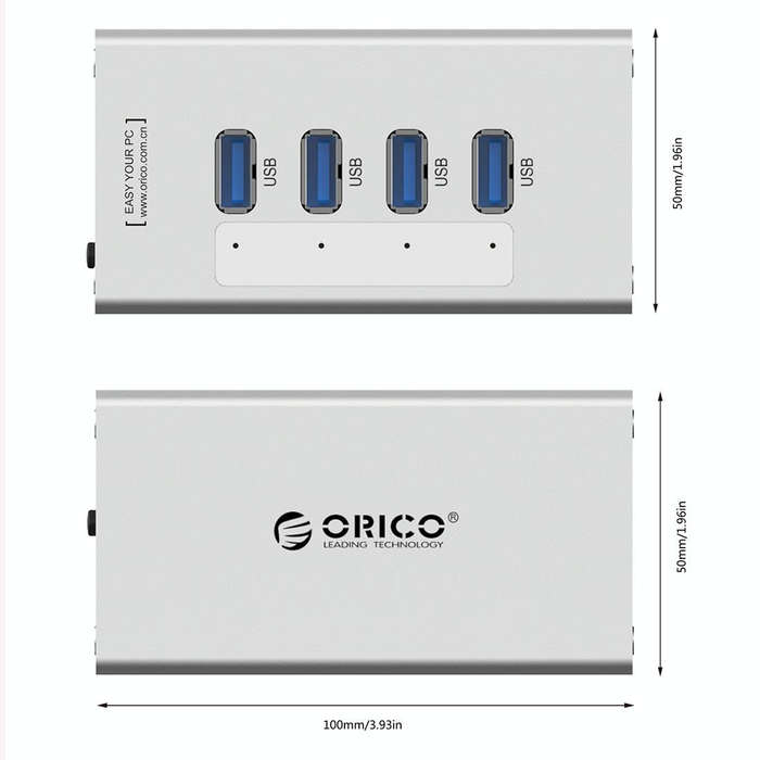 ORICO A3H4 Aluminum High Speed 4 Ports USB 3.0 HUB with 12V/2.5A Power Supply for Laptops(Silver)
