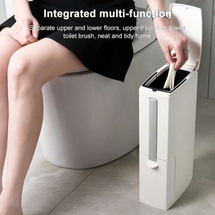 Bathroom Toilet Toilet Brush Integrated Pressing Open Lid Square Trash Can Set with Brush(Ivory W...