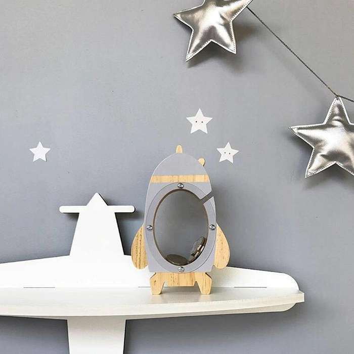 Nordic Wood Rocket Money Box Toys Living Room Decoration Piggy Bank(Black)