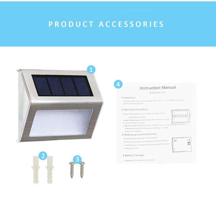2PCS Solar Stainless Steel 3 LED Stair Wall Lamp Outdoor Garden Fence Light(Warm Light)