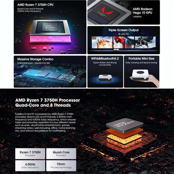 CHIWI LarkBox X Mini PC, Windows 10, AMD Ryzen 7 3750H Quad Core up to 4.0 GHz, 12GB+512GB, Suppo...