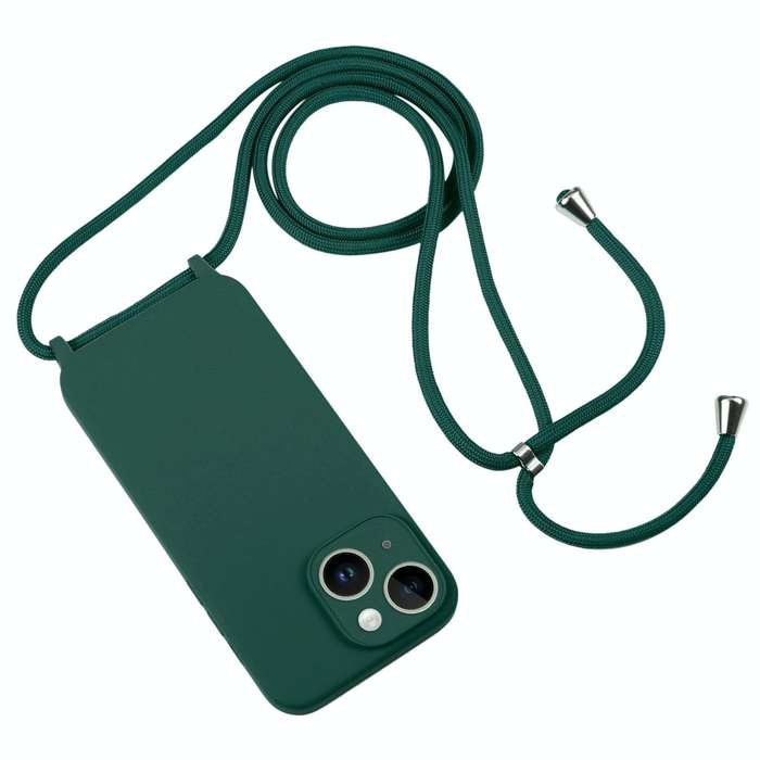 For iPhone 14 Crossbody Lanyard Liquid Silicone Case(Pine Needle Green)