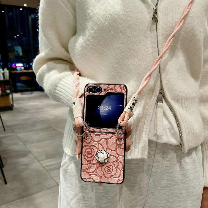 For Samsung Galaxy Z Flip4 5G Impression Camellia Pattern Protective Phone Case with Long Lanyard...