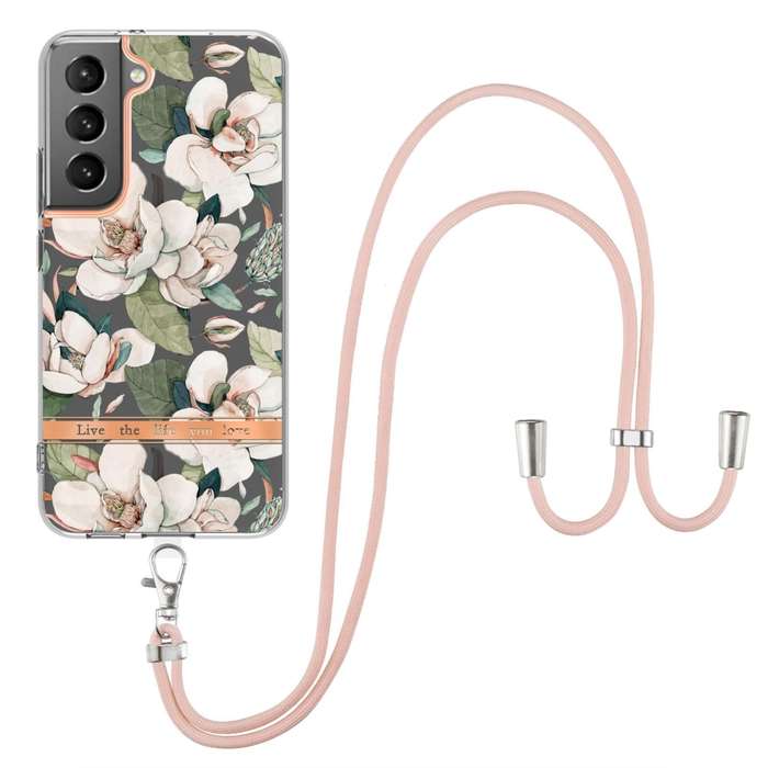 For Samsung Galaxy S23 5G Flowers and Plants Series IMD TPU Phone Case with Lanyard(Green Gardenia)