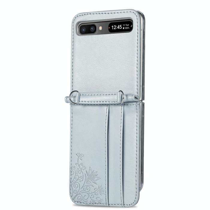 For Samsung Galaxy Z Flip 5G Diagonal Lanyard Embossed Card Phone Case(Silver)
