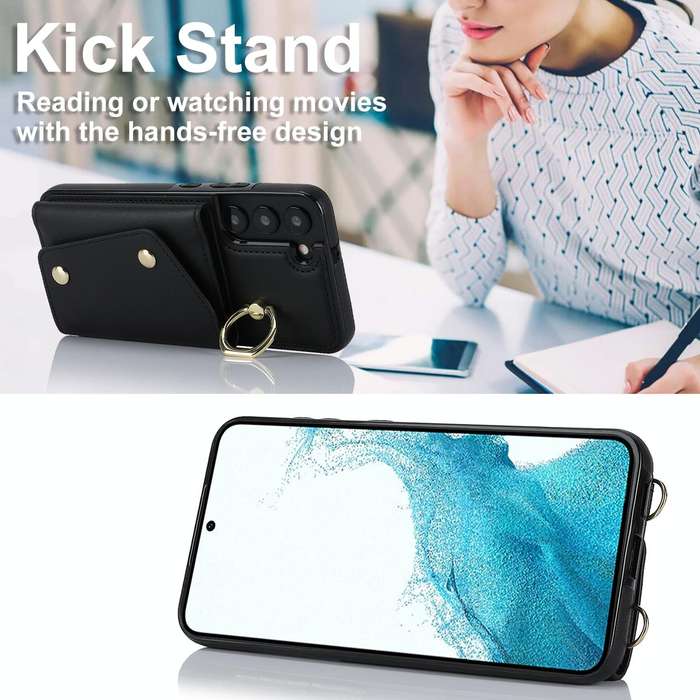 For Samsung Galaxy S22+ 5G Zipper Card Bag Phone Case with Dual Lanyard(Black)