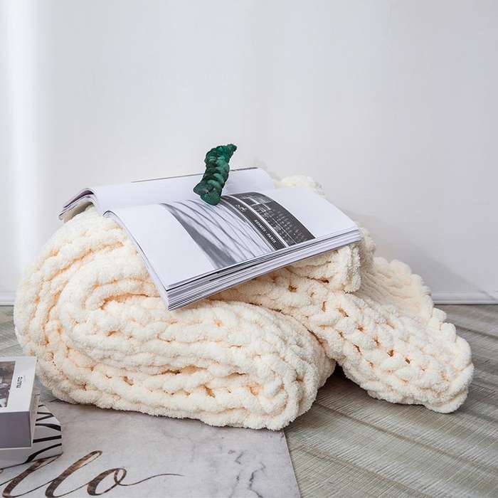 Handmade Thick Wool Knitted Blanket Sofa Chenille Stick Knitted Blanket, Size: 80 x 100 CM(Custard)