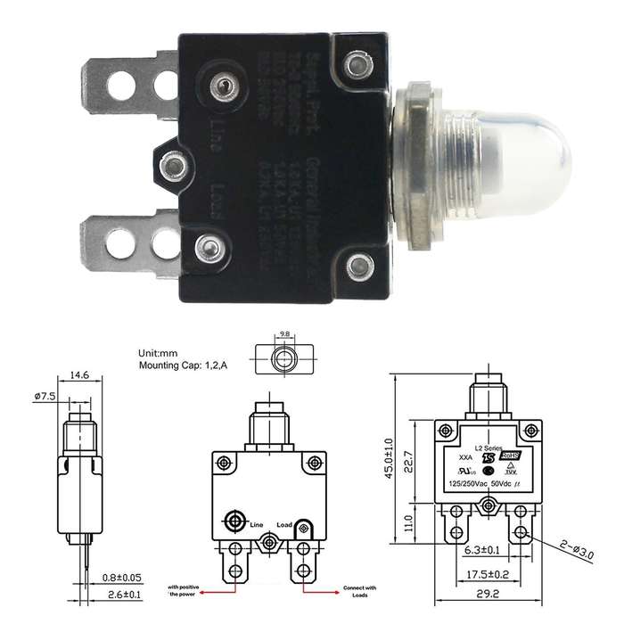 L2 Series 50V Car Overload Protector Manual Reset DC Circuit Breaker with Waterproof Cover, Curre...