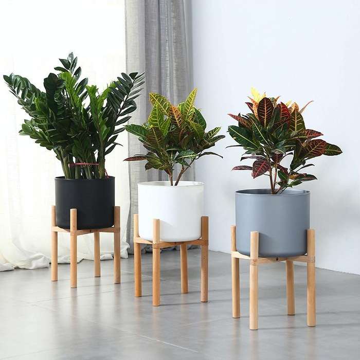 Flower Pot Set Solid Wood Flower Frame + PP Flower Pot(Grey)