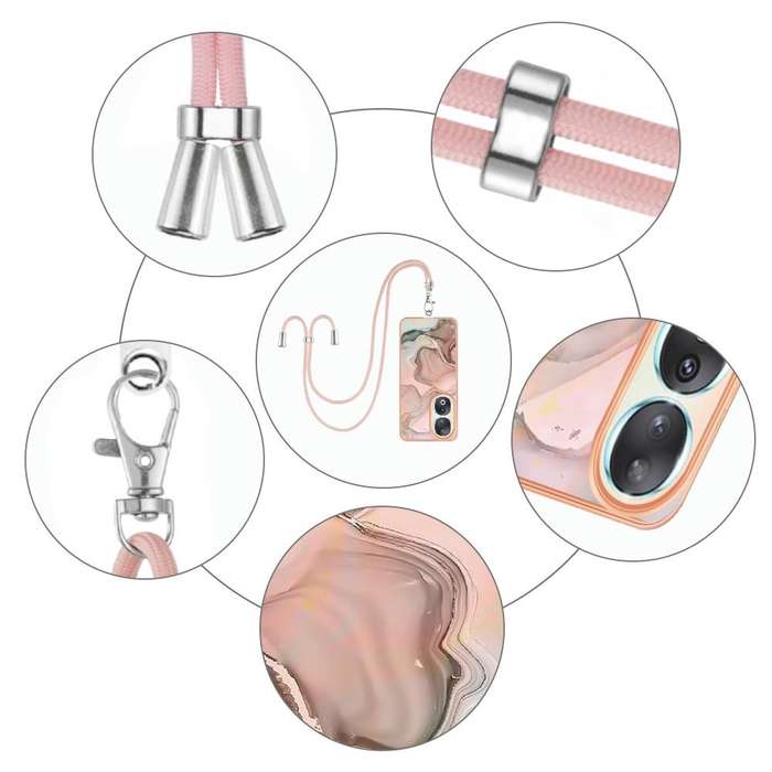 For Honor 90 5G Electroplating Marble Dual-side IMD Phone Case with Lanyard(Rose Gold 015)