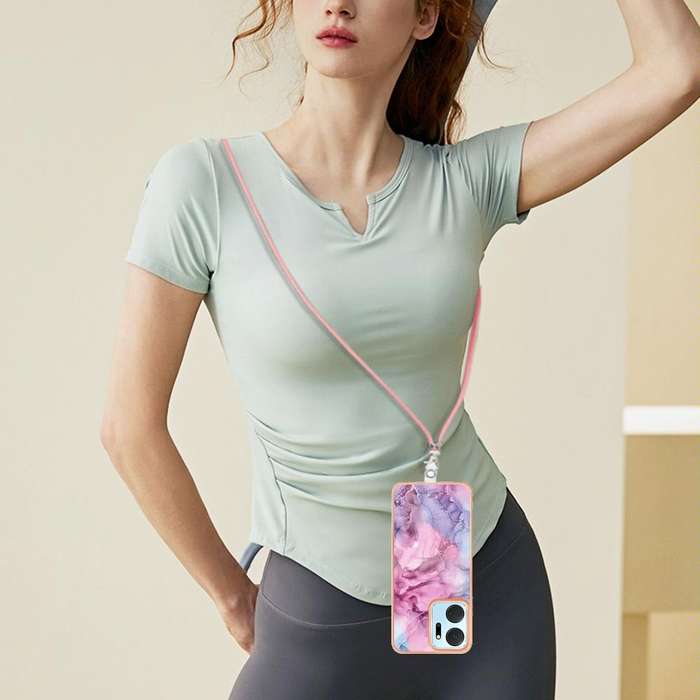 For Honor X7a Electroplating Marble Dual-side IMD Phone Case with Lanyard(Pink 013)