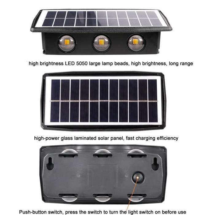6LED Solar Wall Lamp Outdoor Waterproof Up And Down Double-headed Spotlights(Yellow Light)