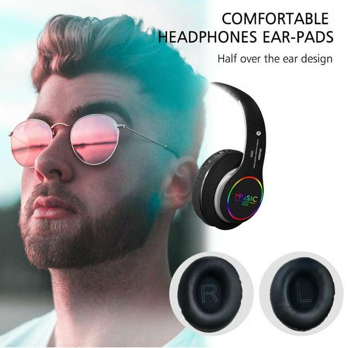 VJ033 Multi-function Upgrade Bluetooth 5.0 Headset Stereo Wireless LED Microphone FM Radio Headse...