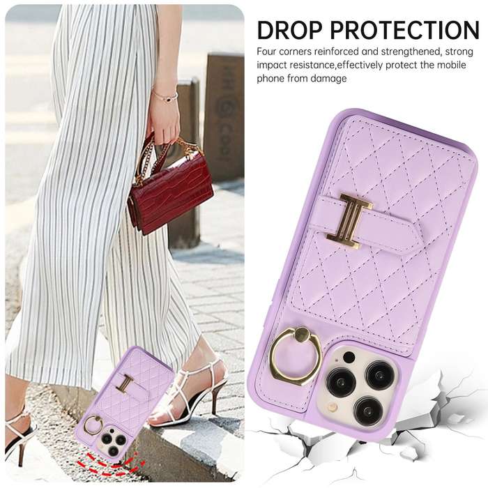 For iPhone 14 Pro Max Horizontal Card Bag Ring Holder Phone Case with Dual Lanyard(Purple)