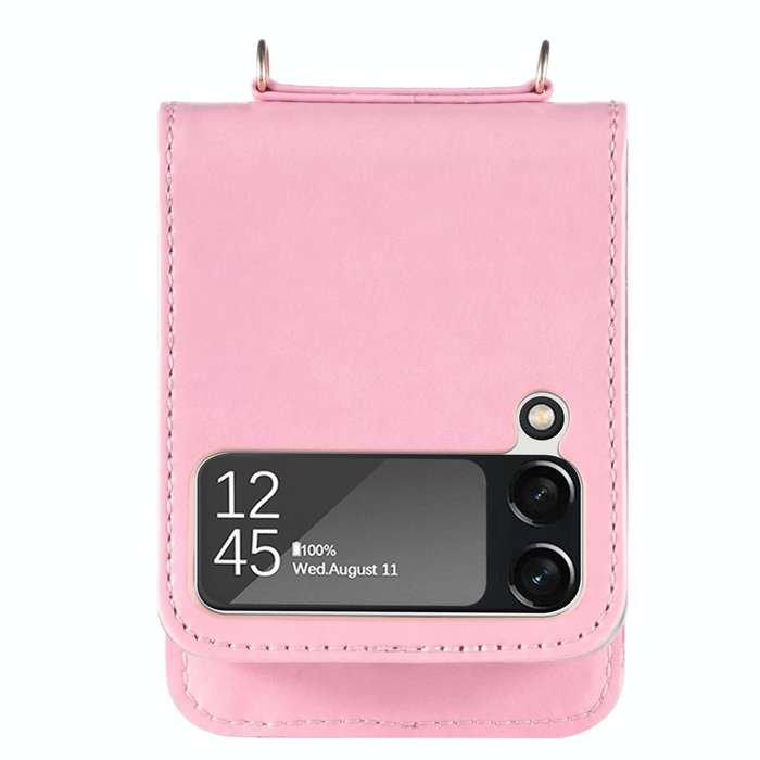 For Samsung Galaxy Z Flip4 5G Diagonal Lanyard Embossed Card Phone Case(Pink)