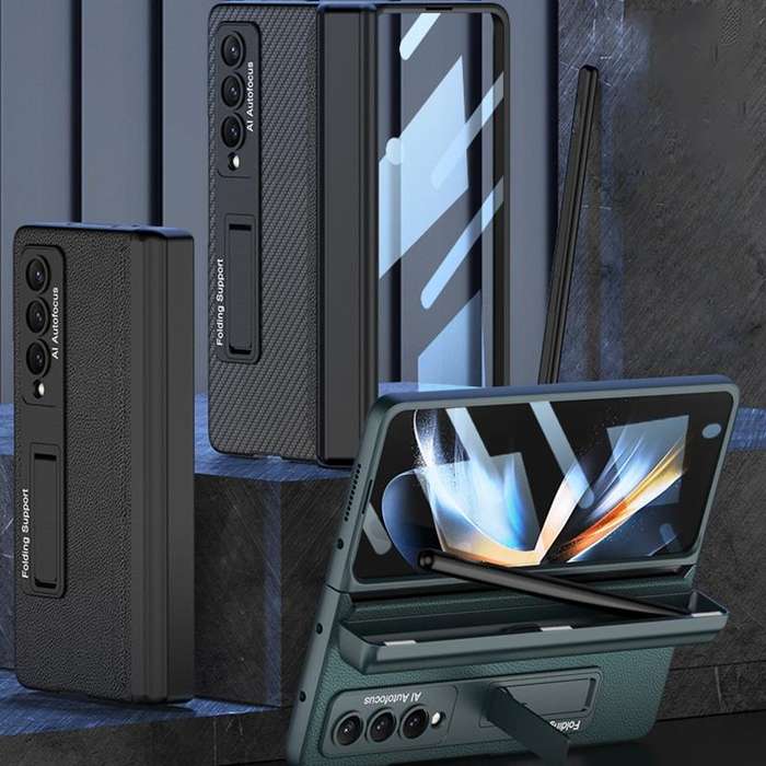 For Samsung Galaxy Z Fold4 GKK Integrated Magnetic Flip Plain Leather Phone Case with Pen Box(Black)