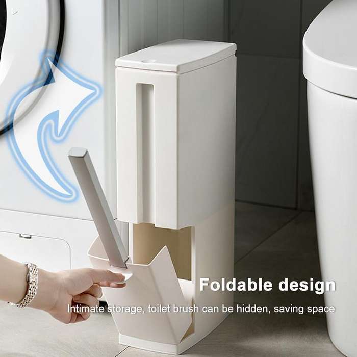 Bathroom Toilet Toilet Brush Integrated Pressing Open Lid Square Trash Can Set with Brush(Ivory W...