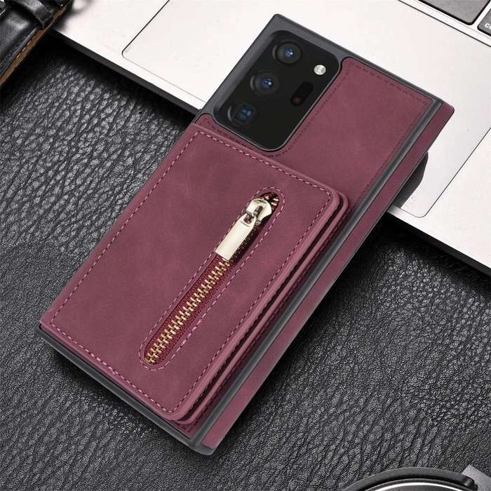 For Samsung Galaxy Note20 Zipper Card Holder Phone Case(Wine Red)