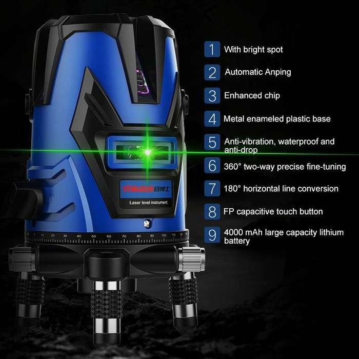 MBOOS Green Light 3 Line Outdoor Laser Level Instrument with Anti-drop Plastic Box & 1m Tripod