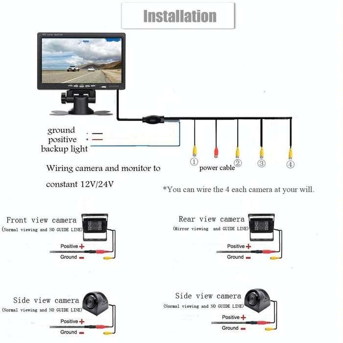 K0164 7 inch HD Car 18 IR Night Vision Rear View Backup Four Cameras Rearview Monitor