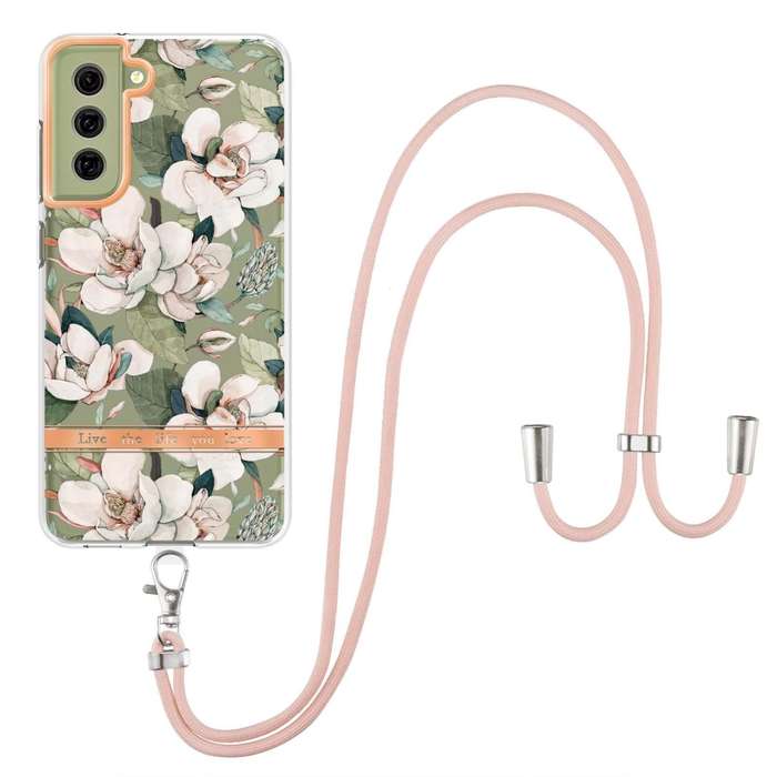 For Samsung Galaxy S21 FE 5G Flowers Series TPU Phone Case with Lanyard(Green Gardenia)