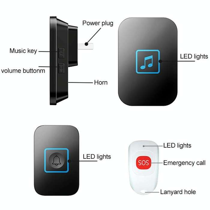 CACAZI C86 Wireless SOS Pager Doorbell Old man Child Emergency Alarm Remote Call Bell, US Plug(Bl...
